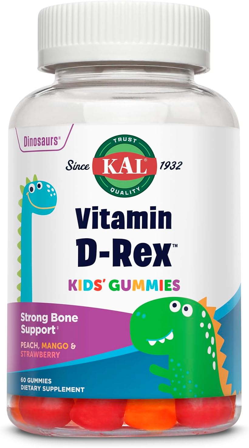 KAL Vitamin D-Rex - Vitamin D Gummies for Kids - Kids Vitamin D3 - Peach, Mango, and Strawberry Flavors - Immune, Heart, Bone & Oral Support - Vegetarian, Gluten Free - 60 Servings, 60 Gummies