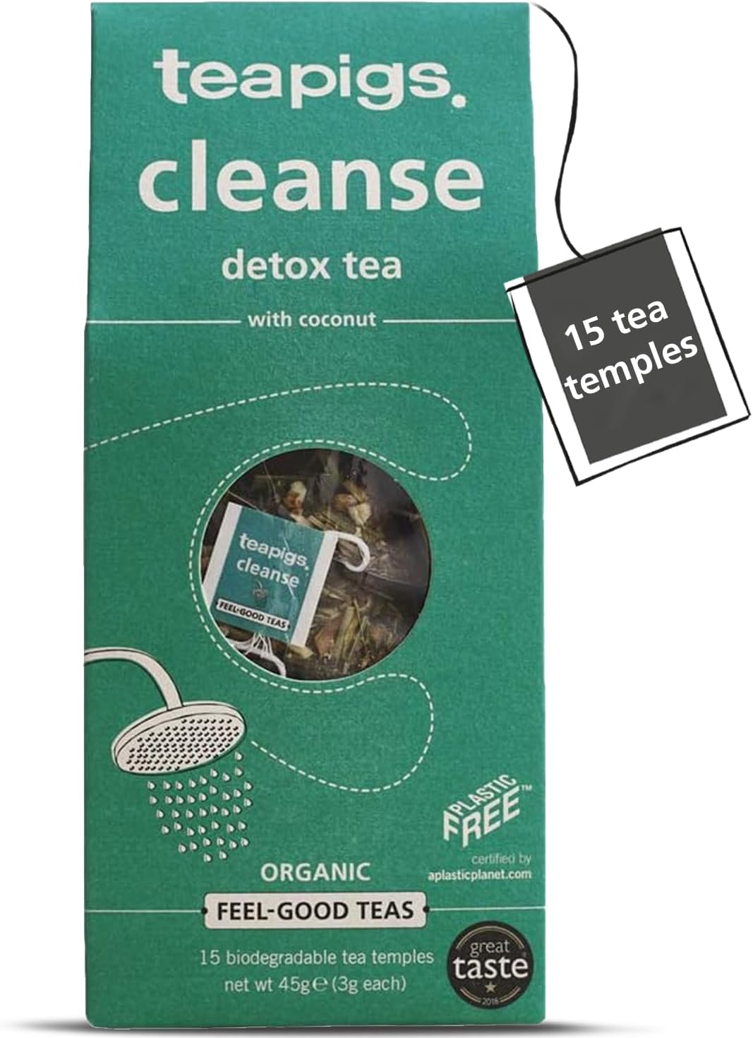 teapigs Organic Cleanse Detox Tea Bags - Green Tea, Dandelion, Ginger & Lemongrass - Supports Digestion & Body Cleansing -15 Eco-Friendly Biodegradable Tea Temples (1 Pack)