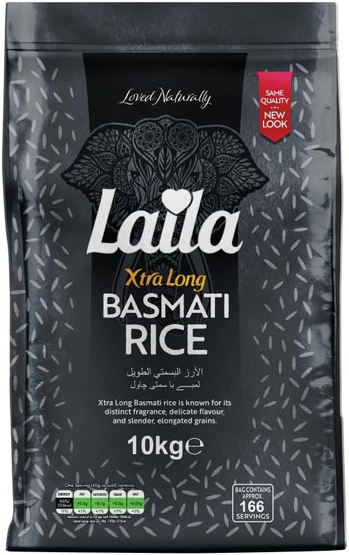Laila Xtra Long Basmati Rice 10Kg, Aromatic Rice Basmati-Style, 10kg Basmati Rice Long Grain for Biryani, Pilaf or Polo, Gluten Free Rice, 100% Pure Long Grain Rice
