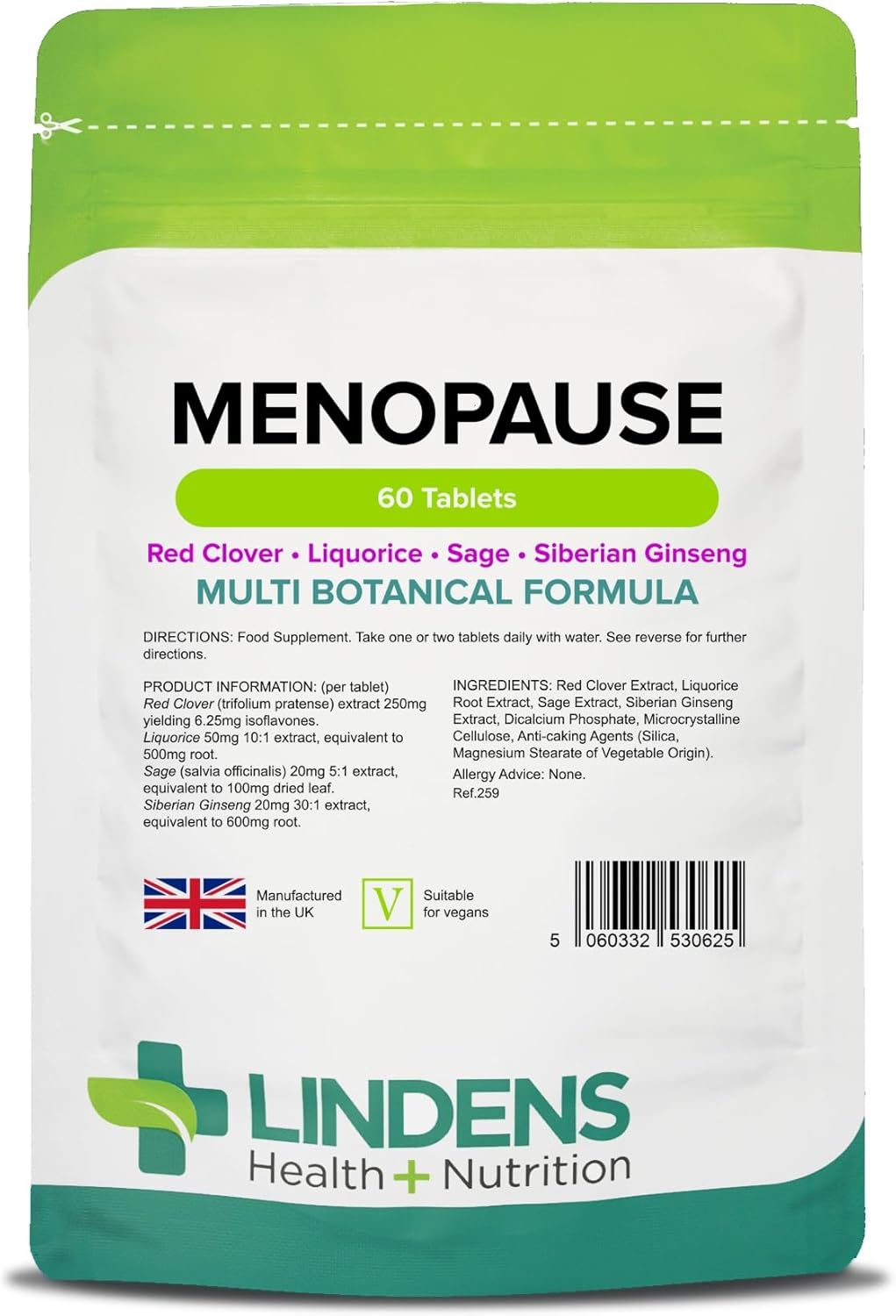Lindens - Menopause 60 Tablets - UK Made - Multi Botanical Formula - Red Clover, Liquorice, Sage and Siberian Ginseng - Supports Wellbeing & Vitality, Letterbox Friendly - Vegan