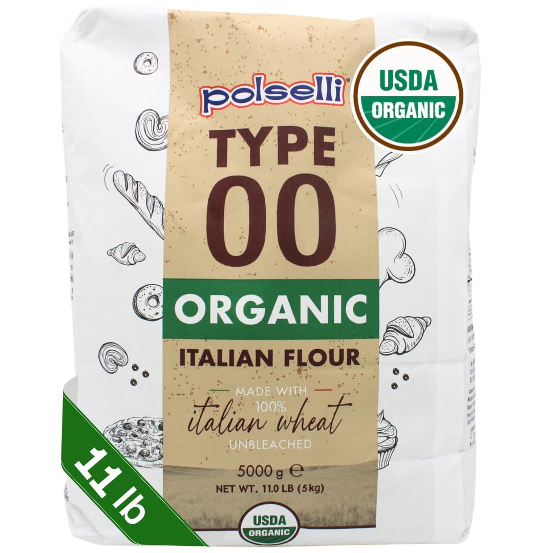 POLSELLI Organic Flour, Type 00, 100% Italian Grain Double Zero Flour, 5 kg | Extra Fine "00", Organic Wheat Flour For Neapolitan Pizza, Pasta And Bread; All-Natural, Unbleached, Unbromated, No Additives