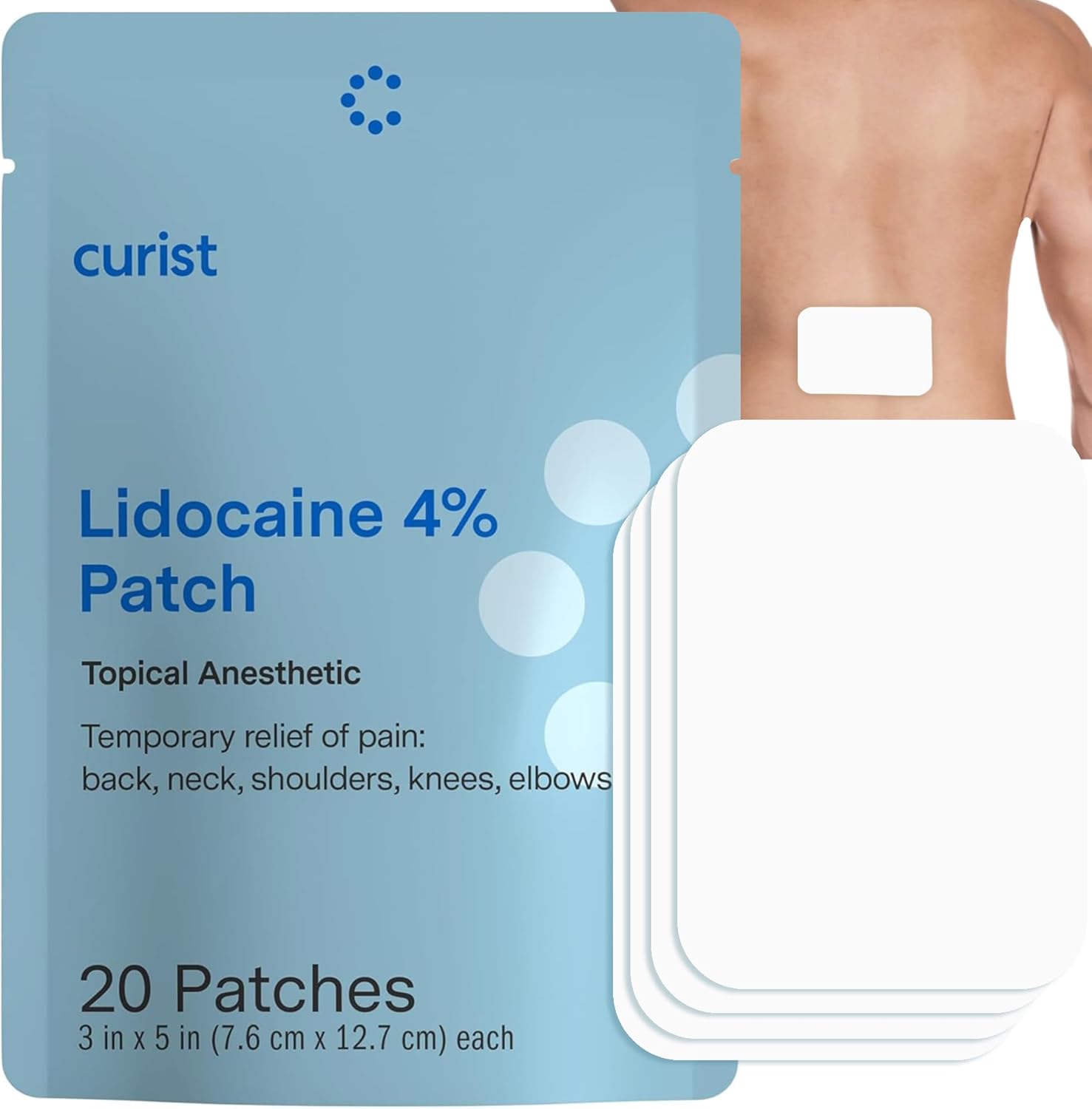Curist Super Stick Lidocaine Patches Topical Pain Relief - Long Lasting Adhesive for Back Relief, Neck Relief, Sore Muscle Relief (20 Patches -1 Pack - 3x5 Lidocaine 4% Patches)