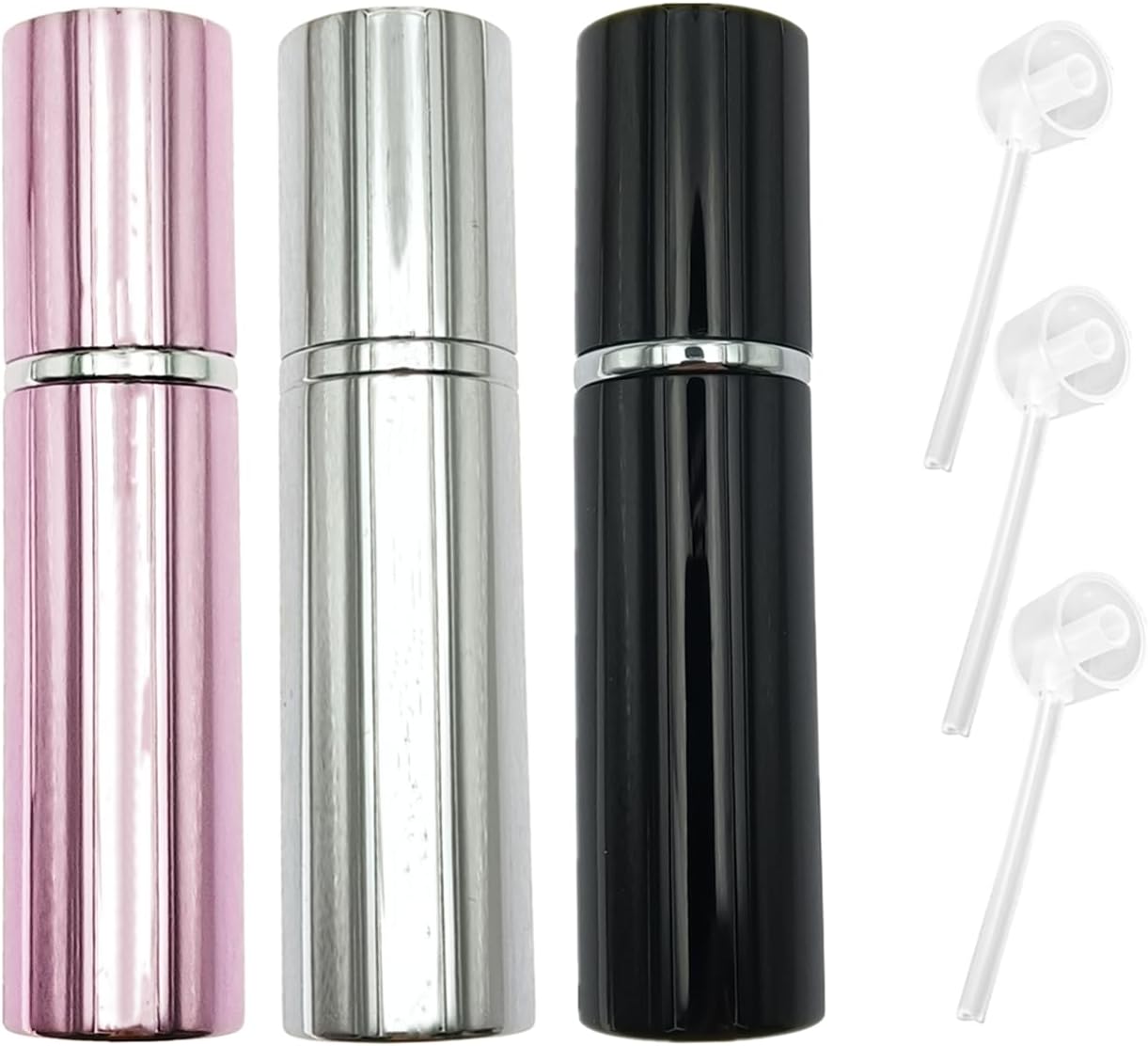 ZHIYE 10ML Perfume Atomiser Spray Bottle, 3 Pcs Refillable Refilling Travel Size Perfume Bottles in Pocket & Handbag Black & Light Pink & Bright Silver
