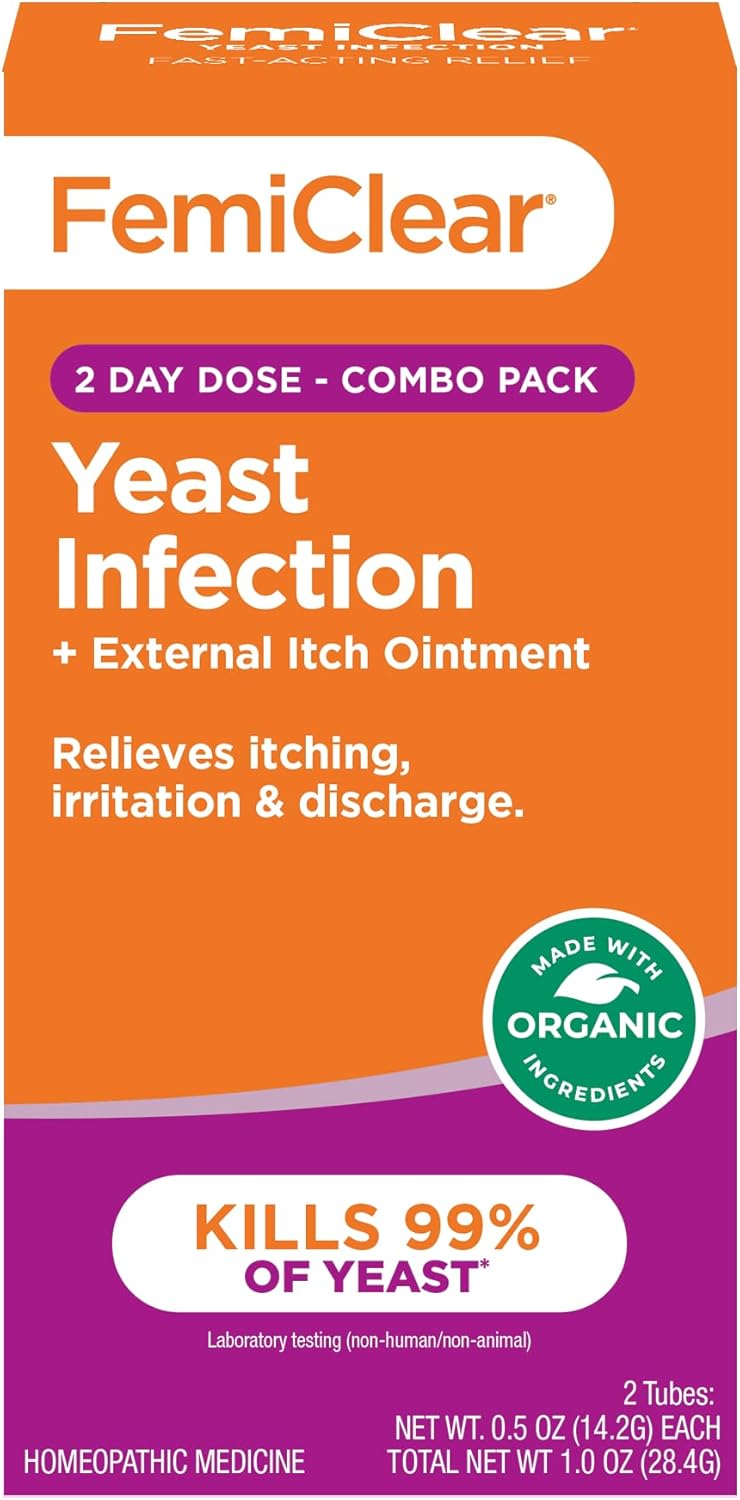 FemiClear 2-Day Dose Yeast and Itch Ointment, for Moderate to Intense Symptoms, Made with All-Natural and Organic Ingredients, Plus External Anti-Itch Ointment for Soothing Care