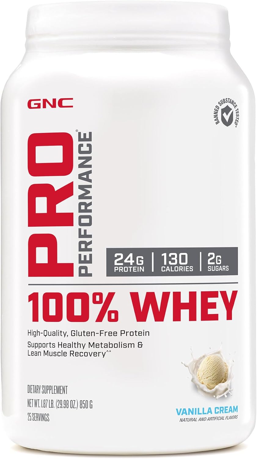 GNC Pro Performance 100% Whey Protein Supplement, 25g Protein, Supports Muscle Strength and Recovery, Vanilla Cream, 25 Servings