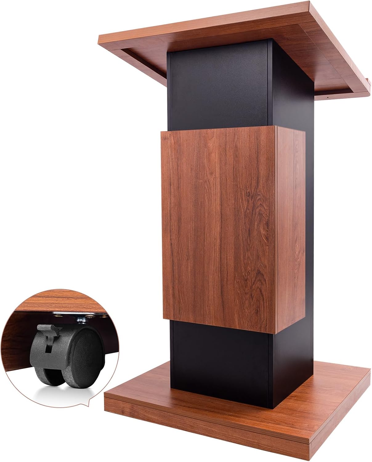 118CM Wood Podium Stand with 4 Lockable Wheels,44.6“ Wooden Lectern with Storage,Wooden Standing Pulpit with Wire Hole for Office School Conference Restaurant Meeting Auditorium