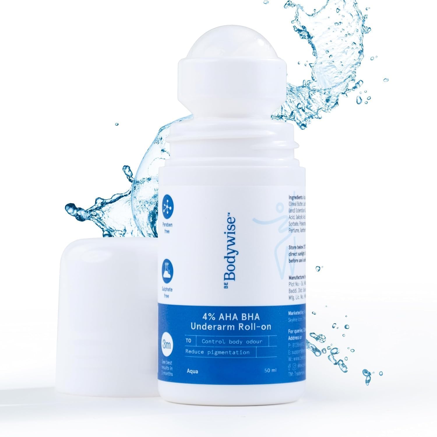 Be Bodywise 4% Aha Bha Underarm Roll On 50ml | 2% Lactic Acid, 1% Mandelic Acid, 1% Salicylic Acid | Controls Odour & Reduces Pigmentation | 0% Alcohol & 0% Aluminium | Aqua Fragrance (Aqua)