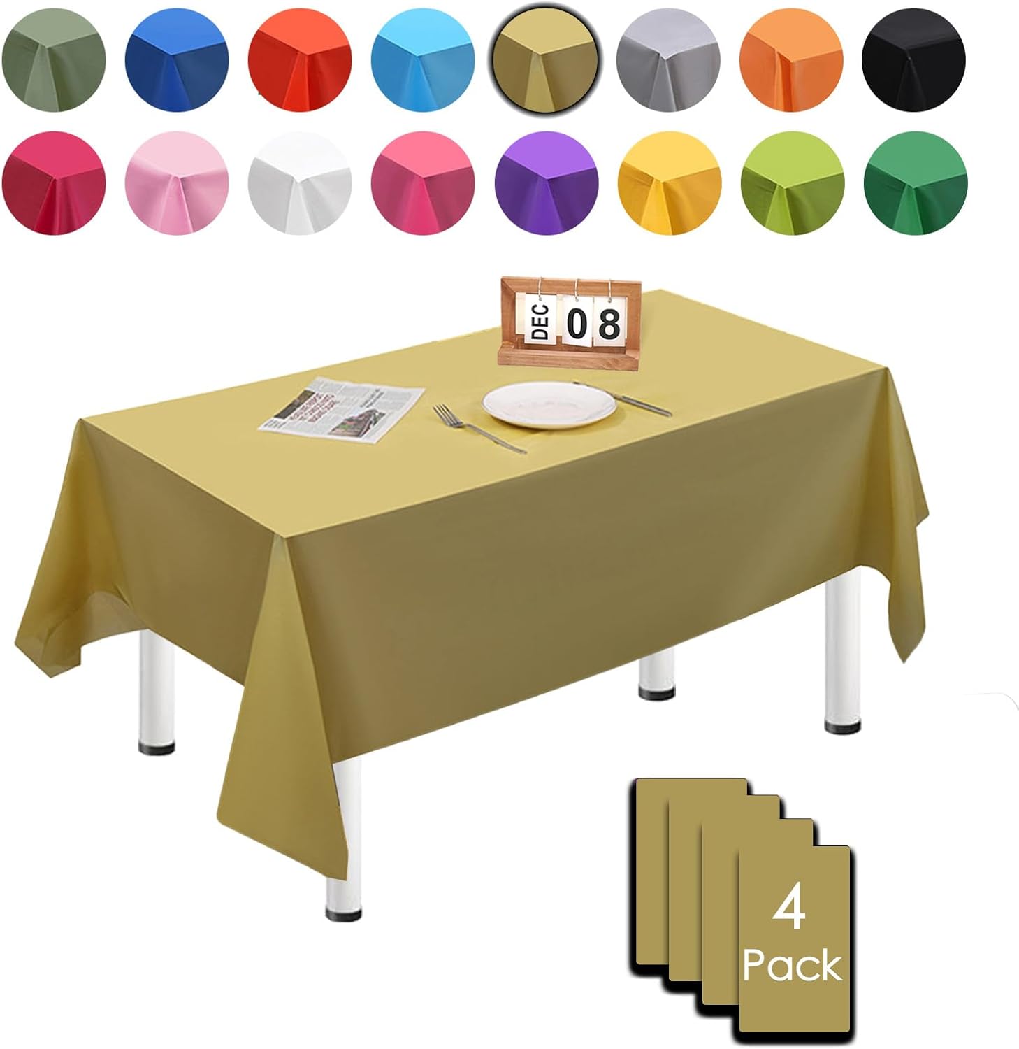 4 Pack Gold Table Cloths for Party,137x274cm Extra Large Rectangular Tablecloths,Solid Color TableCloth,Wipe Clean|Waterproof|Oilproof Table Cover for Parties,Daily Use,Outdoor Picnic,Weddings