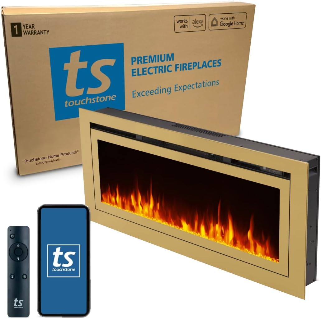 Touchstone Sideline Deluxe -Gold Smart Electric Fireplace- 50" Wide- Alexa/WiFi-Enabled- in Wall Recessed- 5 Flame Settings- 9 Flame Colors- 1,500W Heater- Log & Crystal Options- 86275