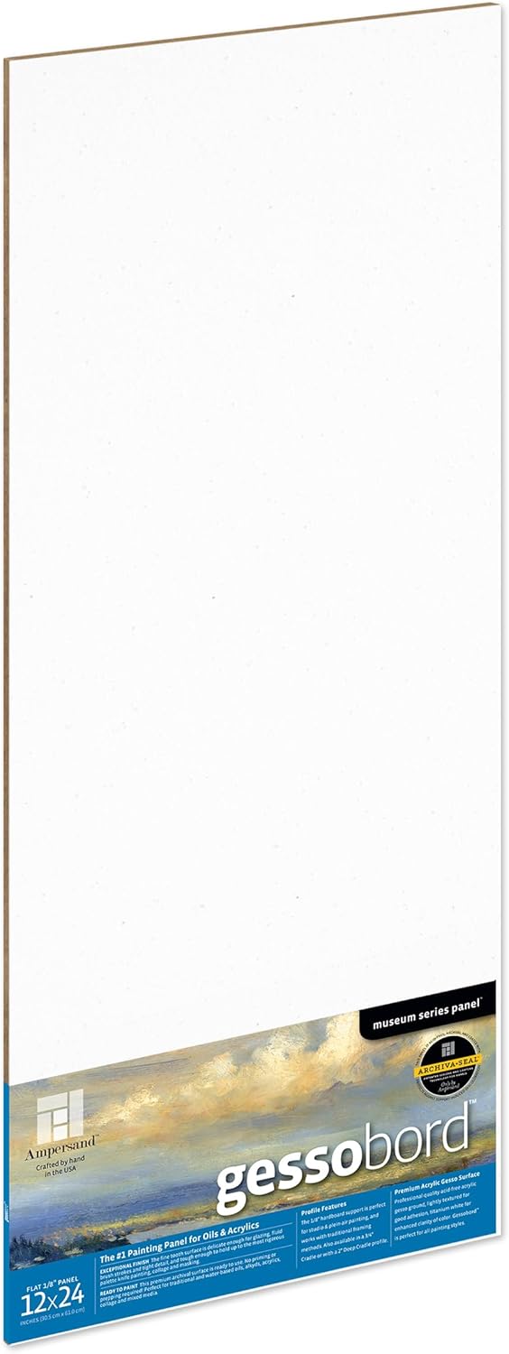 Ampersand Art Supply Gesso Wood Painting Panel: Museum Series Gessobord, 12" x 24", 1/8" Flat Profile