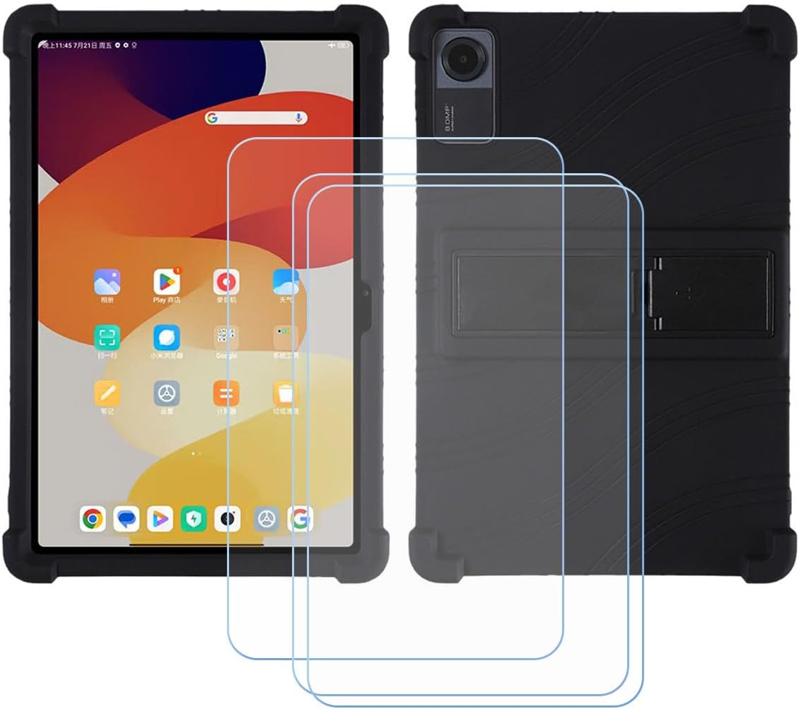 TPU Cover for Honor Pad X7 2025 + 3 HD Tempered Glass, Silicone Shell Bumper Protective Back Case - 9 Hardness Anti-Scratch Screen Protector (8,7") - Black