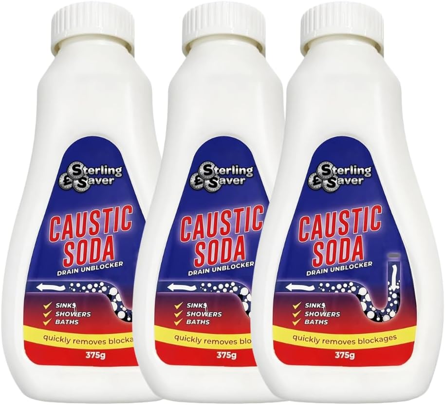 Powerful Caustic Soda Drain Cleaner(1125g) - 375g x 3 Bottles | Effective Clog Remover, Industrial Strength Formula, Fast Action; Remove Blockages Quickly and Conveniently, Drain Maintenance
