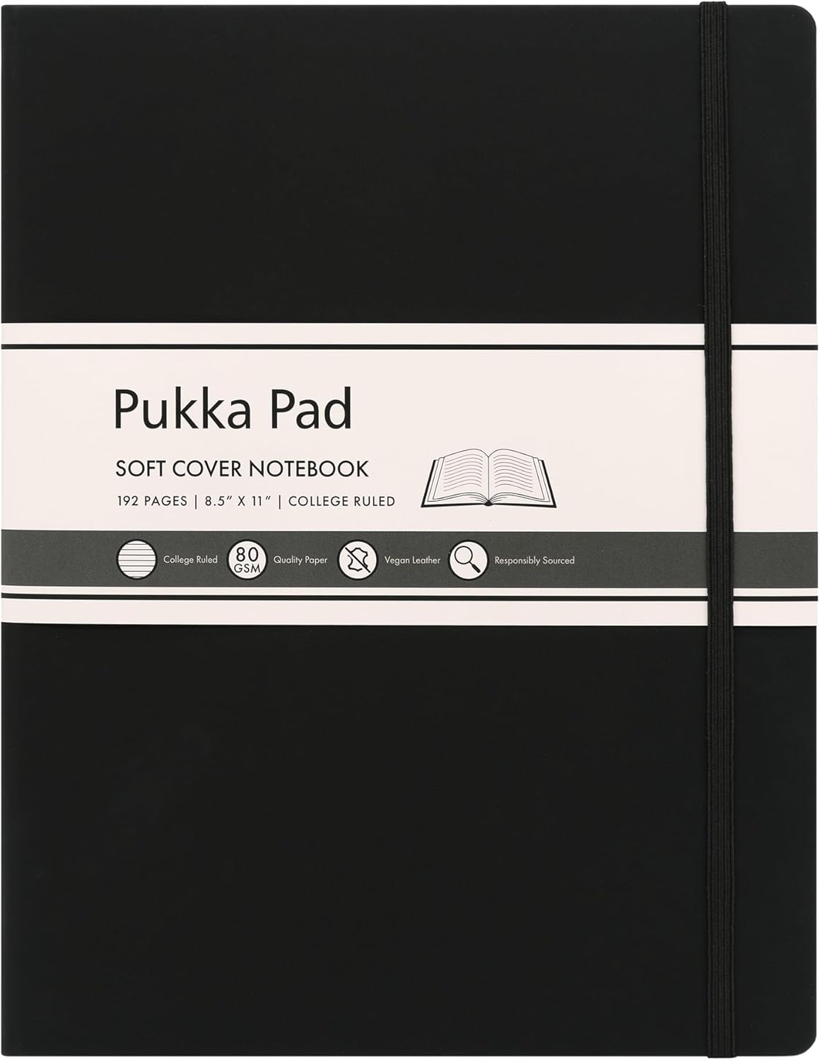 Pukka Pad Soft Cover Letter Size Notebook – Vegan Leather Journal with 192 Pages, 96 Sheets of 80GSM Ivory Paper, College Ruled without Margins – 8.5 x 11in, Black
