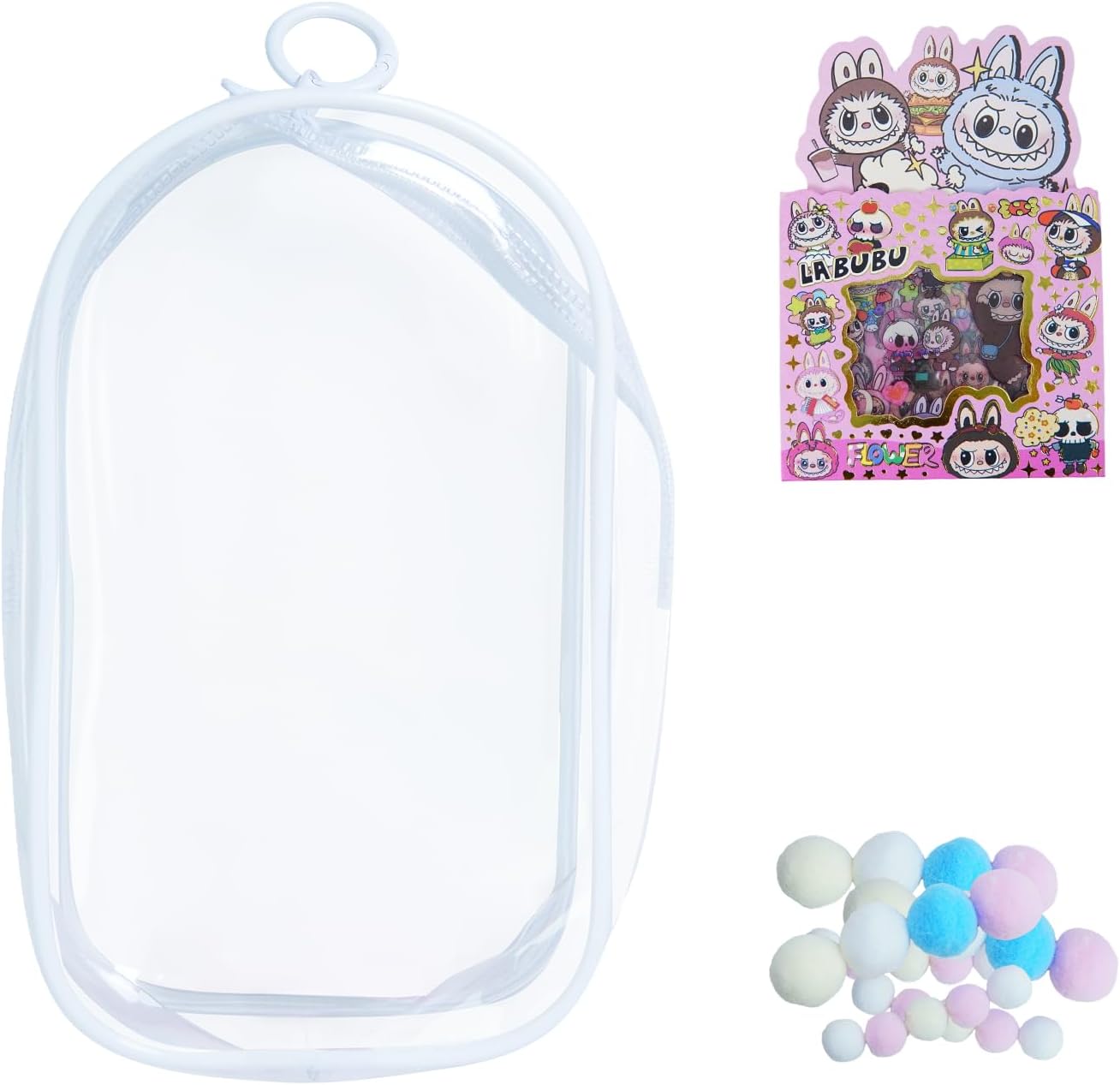 Large transparent display bags and key ring dolls, with doll stickers, organiser dust-proof collection display bags. (Suitable for 17cm)