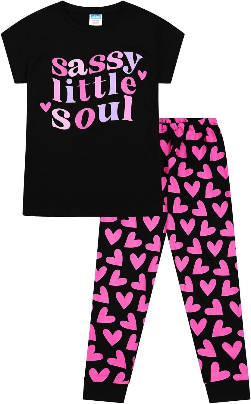 Girls Sassy Little Soul Black Pink Long Cotton Pyjama Set Kids PJs