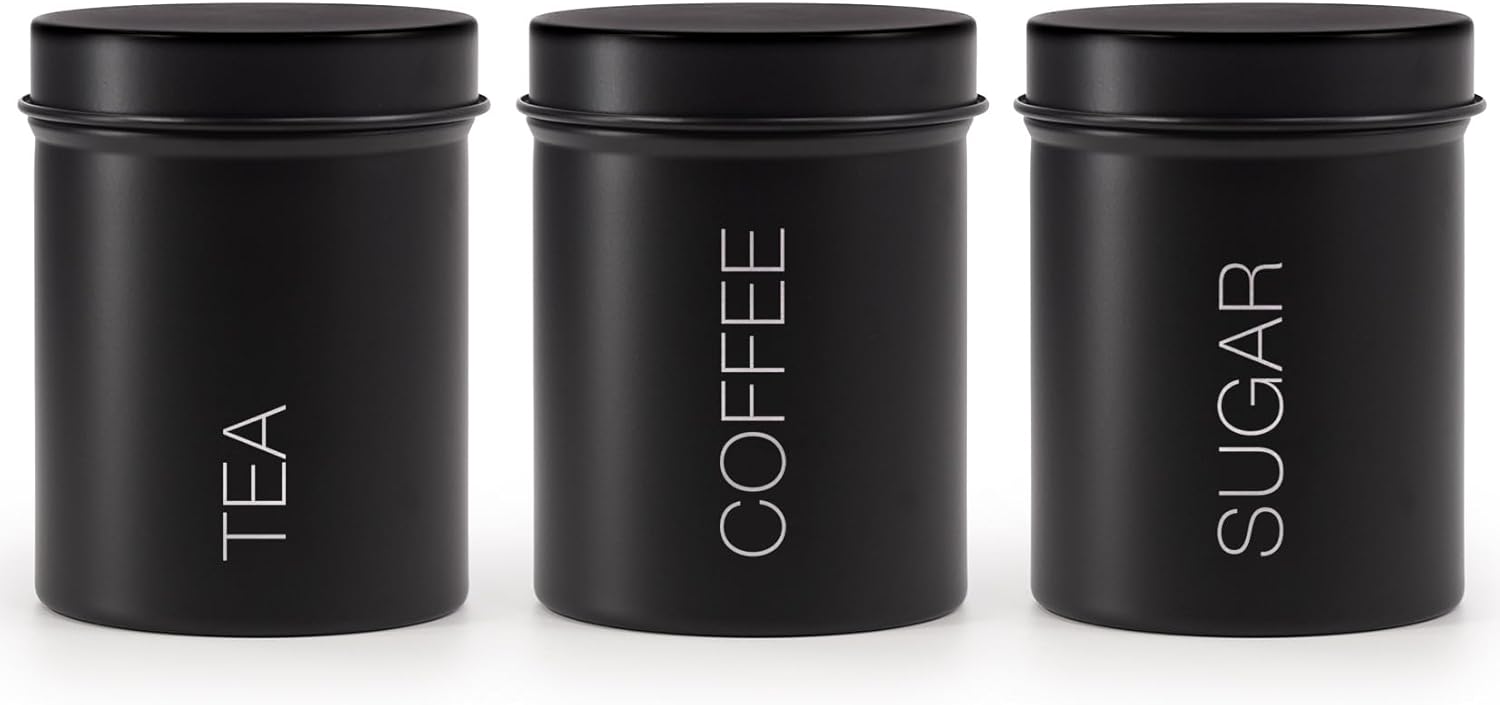 EHC Set of 3 Airtight Tea, Coffee, and Sugar Canisters, Set of 3 Airtight Food Storage Easy to Open Storage Canisters Jars Tin, Black, 9 x 12.5 cm
