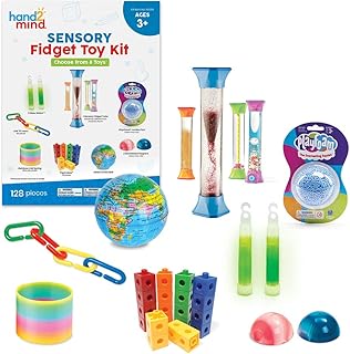 hand2mind Sensory Fidget Toy Kit, Play Therapy Toys, Fidget Tube, Mini Glow Sticks, Play Foam, Stress Ball, Anxiety Sensory Items, Occupational Therapy Toys, Calm Down Corner Supplies (128 Pieces)