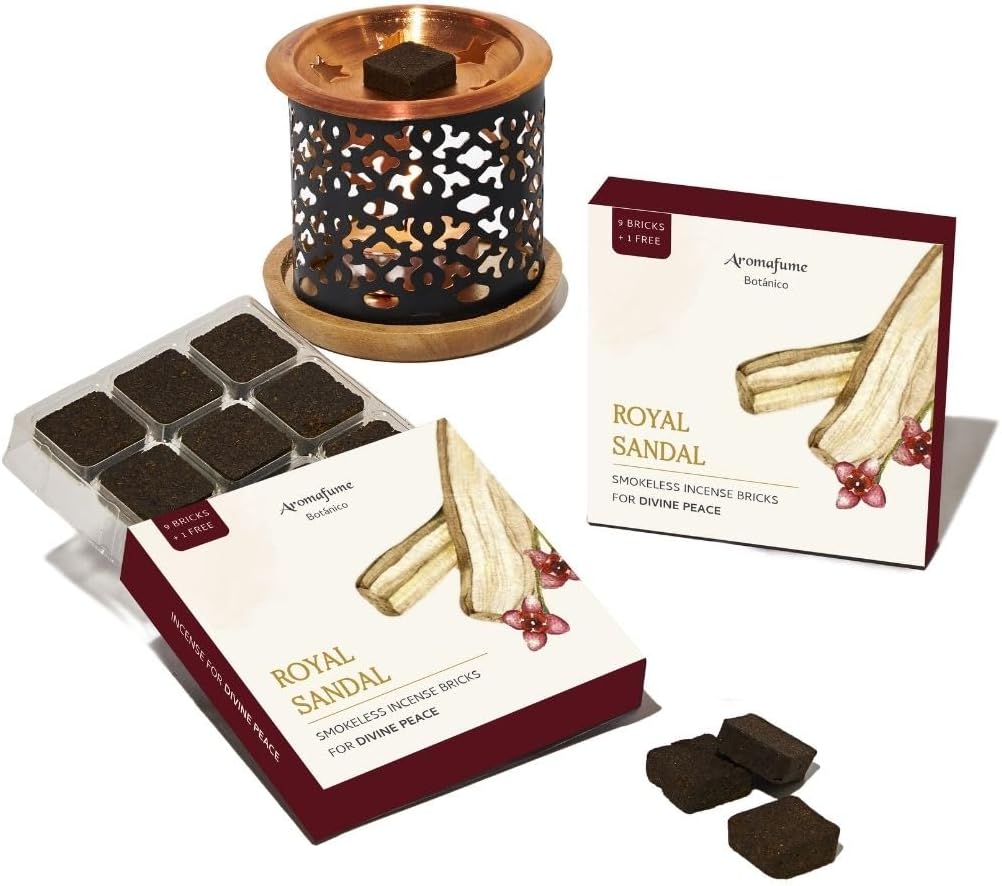 Royal Sandal Incense Brick Set (2 x 9) & Snowflake Exotic Burner by Aromafume | Made with Sandal Flower & Sandalwood | Ideal for Prayer and Rituals | Natural, Low Smoke, Non-toxic