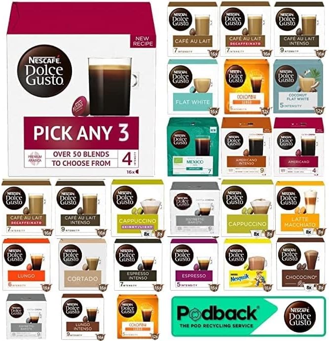 Nescafe Dolce Gusto Coffee, Tea, Chocolate Pods. Pick Any 3 Packs from 40+ Blends Inc: Decaf, Caramel, Cappuccino, Latte, Mocha, Espresso, Skinny, Nesquik, Cafe Au Lait, Vanilla and More