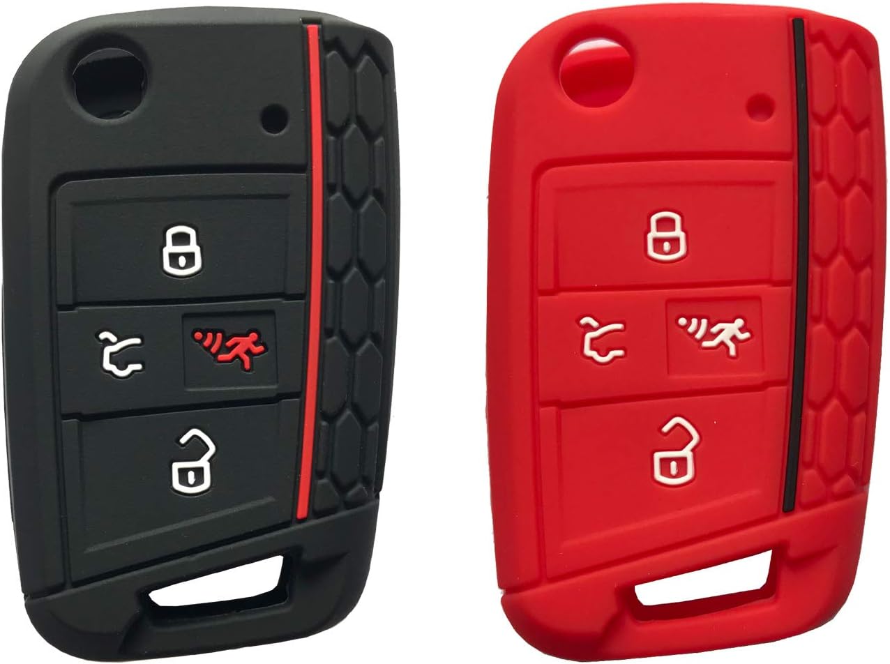 4 Button Silicone Key Cover Case Remote Fob Protector fit for VW 2016-2017 Golf Polo GTI 2018 2019 Tiguan Keyless Entry Remote Key Fob Skin (Black+Red)