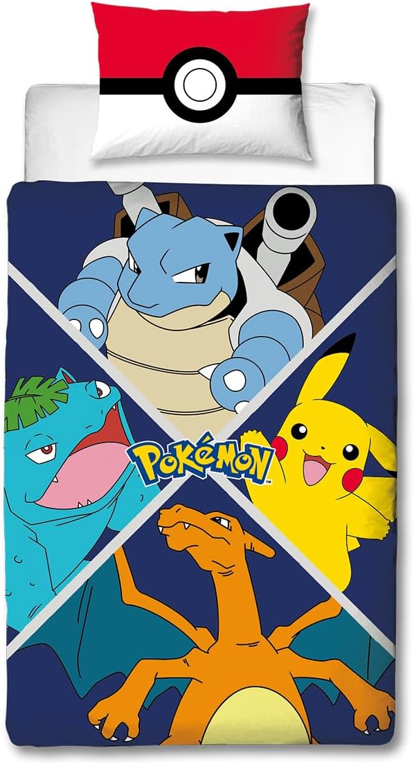 Character World Pokemon Officially Licensed Divide Design Single Duvet Cover Set | Reversible 2 Sided Pikachu Characters Bedding Including Matching Pillow Case | Perfect For Kids Bedroom | Polycotton