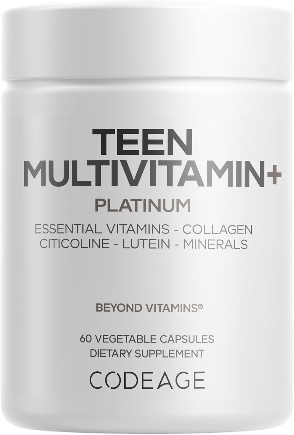 Codeage Teen Multivitamin+ Platinum Supplement - Vitamins A, C, D3, E, K2, B6, B12, Minerals, Probiotics, Citicoline, Collagen, Bone Broth, Folate, Biotin, Lutein, Zeaxanthin - Non-GMO - 60 Capsules