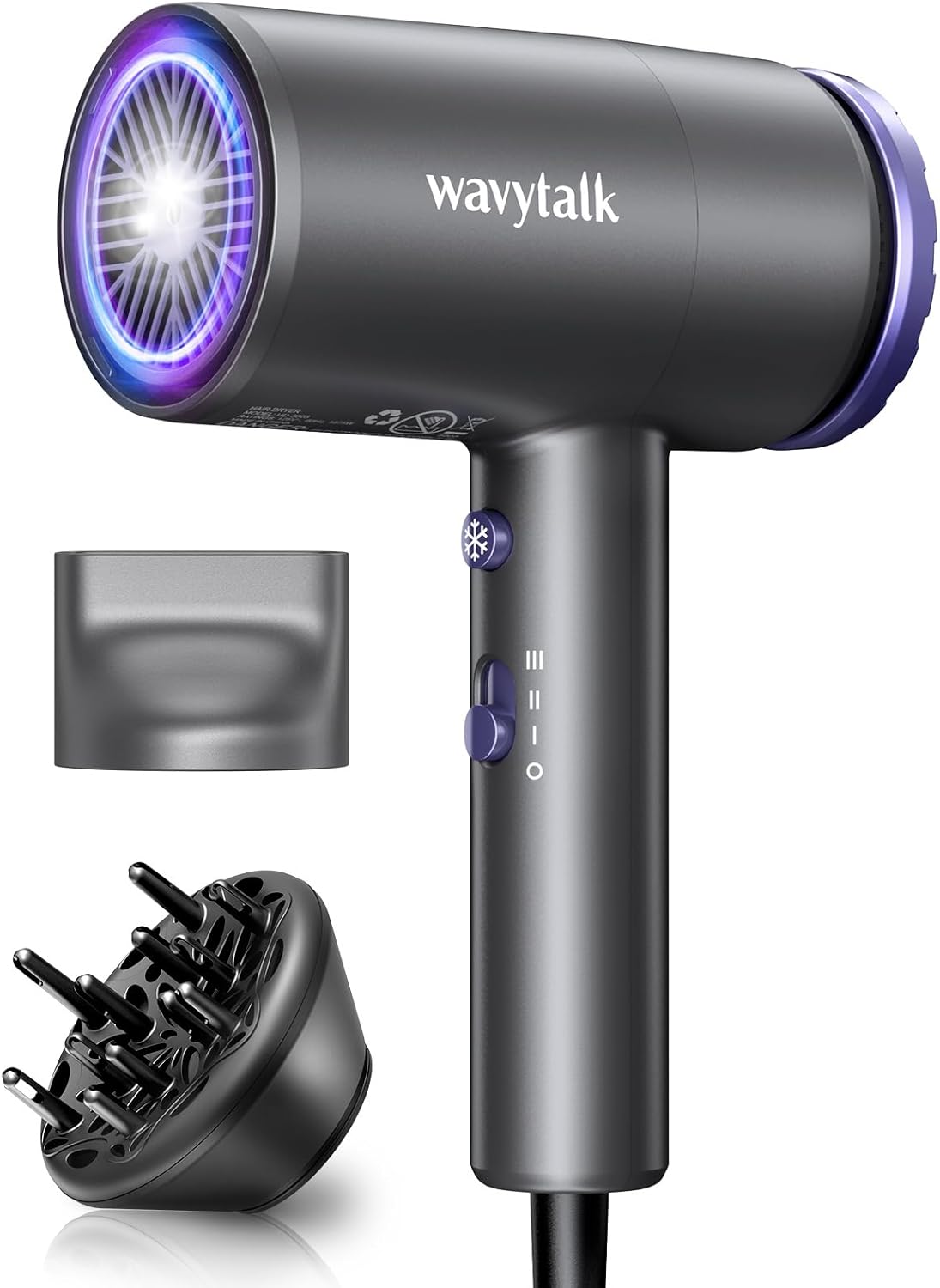 Wavytalk Hair Dryer with Diffuser 1875W Ionic Blow Dryer for Fast Drying with Concentrator Lightweight, Purple.