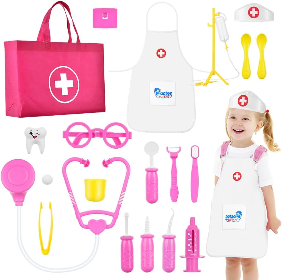 OSDUE Doctors Set for Kids, 34PCS Kids Doctors Kit with Nurses Costume, Kids Doctors Set Case Educational Toys Age 3, Dentist Toys with Simulation Stethoscope, Pretend Doctor Kit Toys Medical Playset