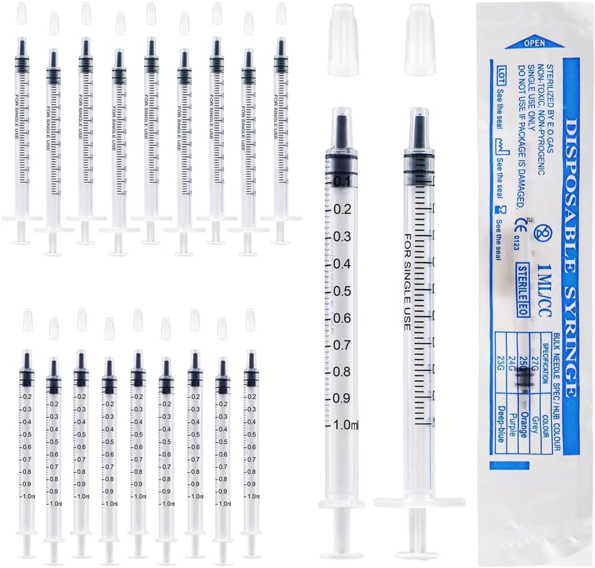 20Pcs 1ml Colostrum Syringe Plastic Syringes With Caps No Needle for Refilling and Measuring Liquids, Scientific Labs, Plant Watering, Pet Feeding ,Glue Applicator
