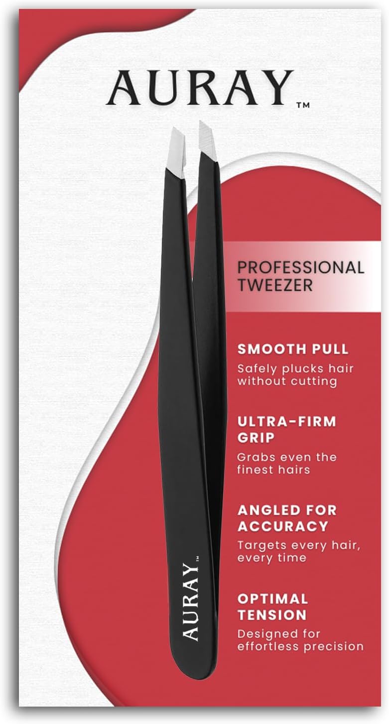 Eyebrow Tweezers Stainless Steel Facial Hair Removal Tweezers for Men & Women in Black with Slanted Tip for Easy Plucking by AURAY