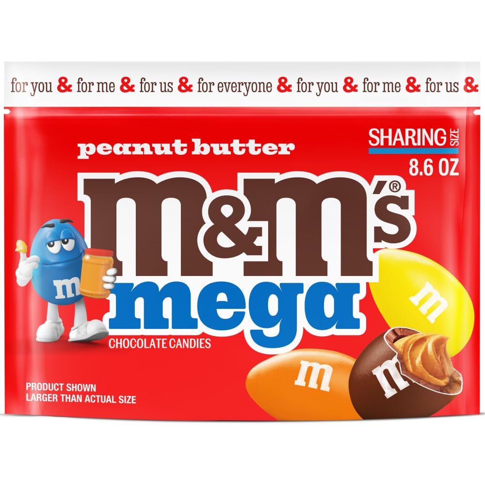 M&M'S Mega Peanut Butter Chocolate Candy, Sharing Size, 8.6 Oz Resealable Bag