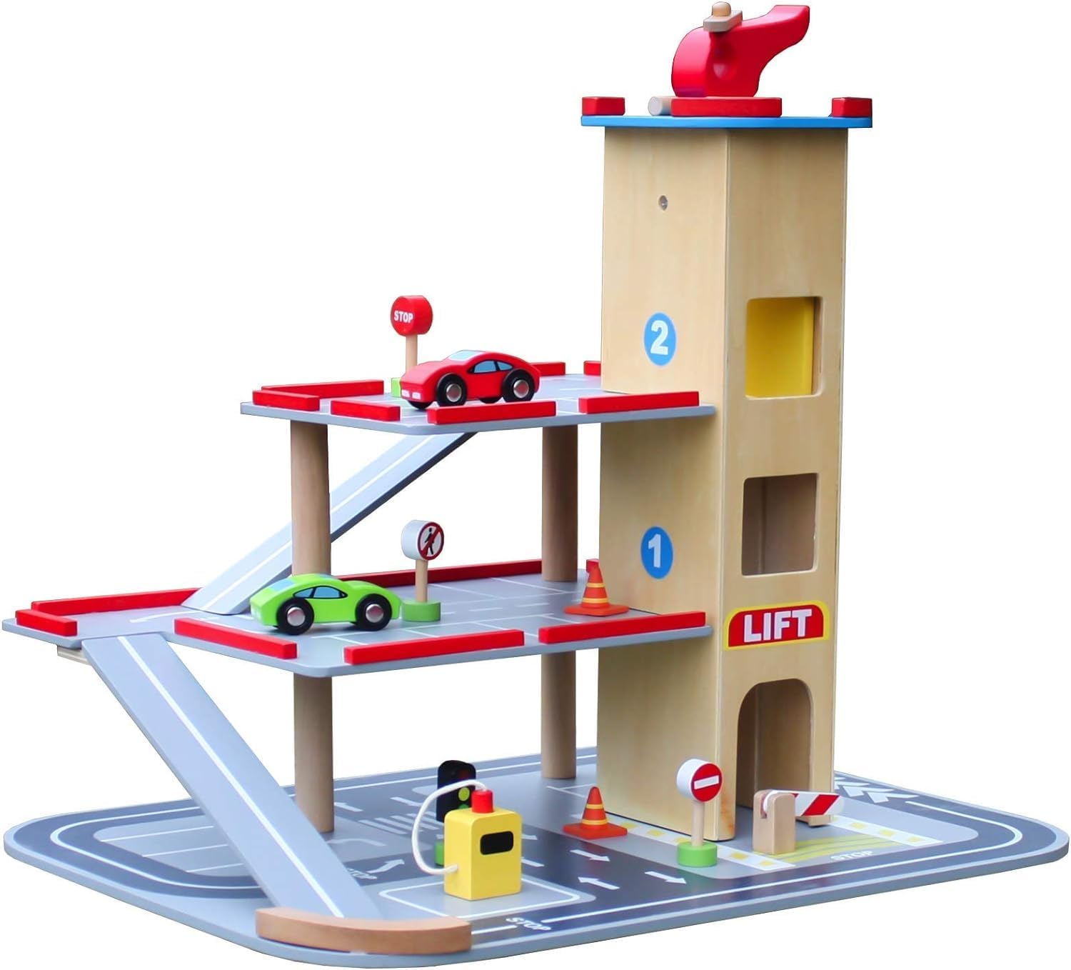 BLUEBRIT Wooden 3 Storey Garage Pretend Play Set Educational Vehicle Car Role Play Set for Kids with Pump Station, Helicopter, Cars, and Traffic Signs The for Birthdays and Holidays