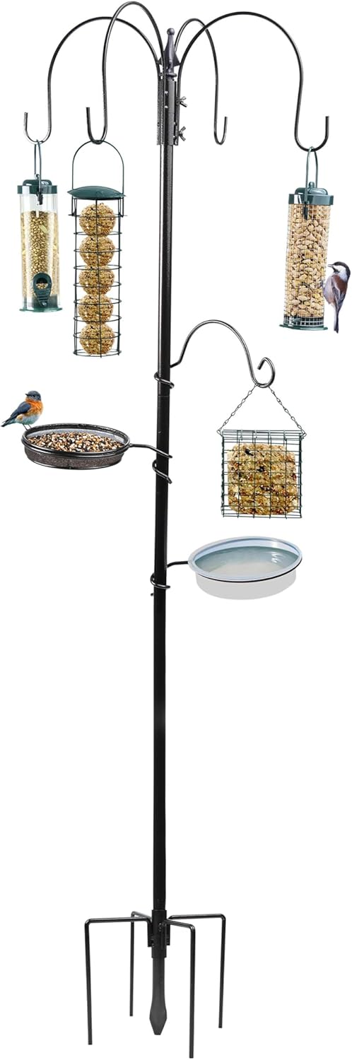 Crystals Garden Wild Bird Feeder Feeding Station with Water Bath Table, Seed Tray, Hanging Feeders + Feeding Station Stabiliser Ground Spikes Stand (4 Pole Station + Stabilizer)