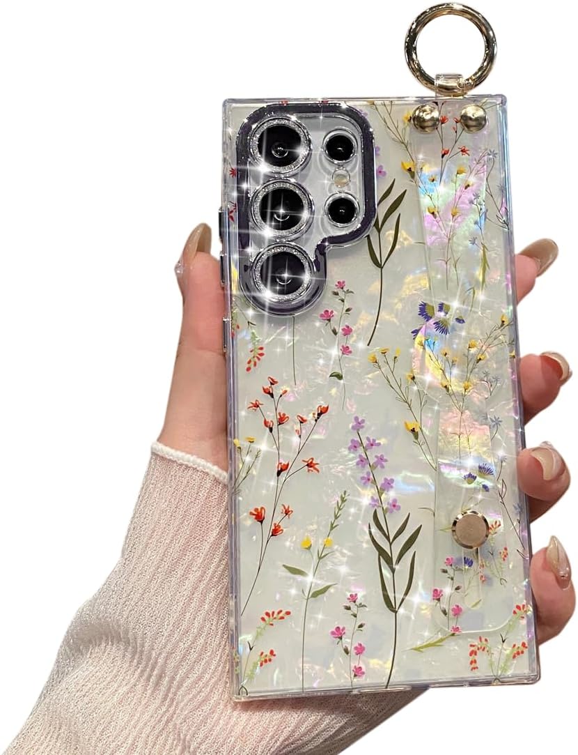 for Samsung Galaxy S24 Ultra 6.8" Case with Wrist Strap Kickstand Summer Glitter Camera Lens Protector Shockproof Cover for Women Girls Kids (Multicolor)