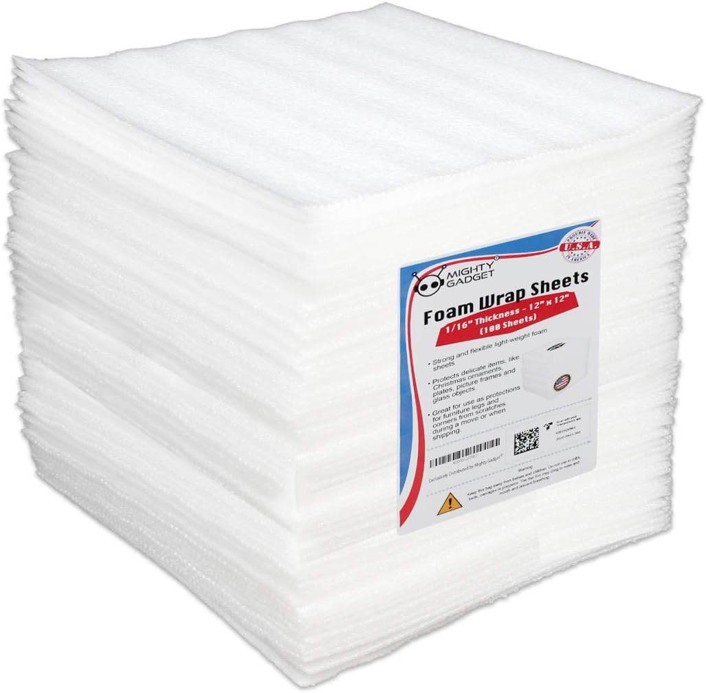 100-Pack Foam Packing Sheets, 12" x 12" (1/16" Thick) Polyethylene, Pre-Cut Non-Abrasive Cushioning for Moving Shipping Storage, Dishes Glassware, Made in USA