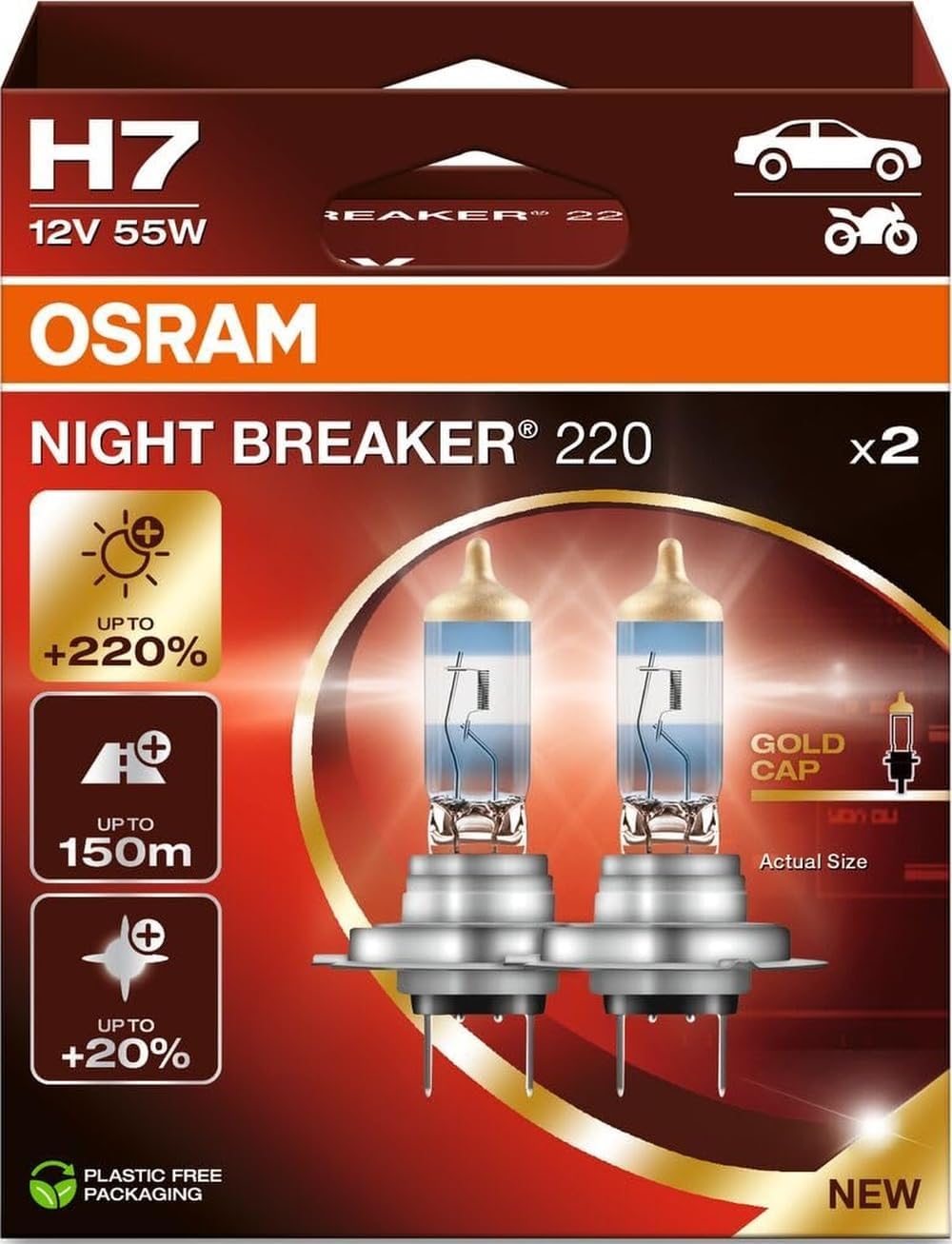 OSRAM NIGHT BREAKER 220, H7, +220% more brightness, halogen headlight lamp, 64210NB220-2HB, Folding Box (2 lamps)