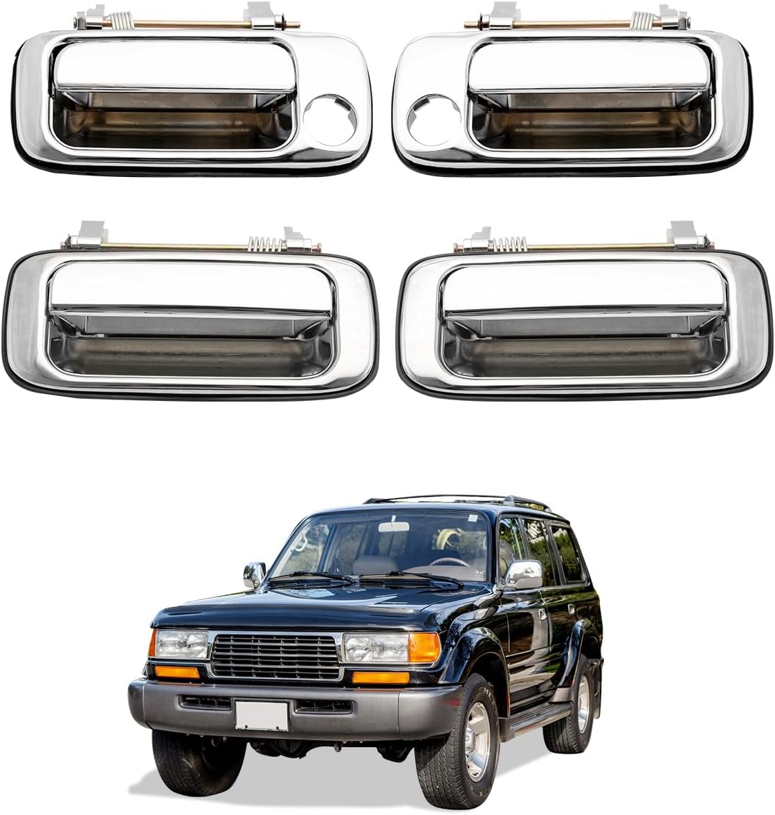 Chrome Exterior Door Handle Set (4PCS), Compatible with 1990-1998 Toyota Land Cruiser 80 Series / Lexus LX 450, Outer Front & Rear Left Driver & Right Passenger w/ key hole, OE# 6921060010 6922060010