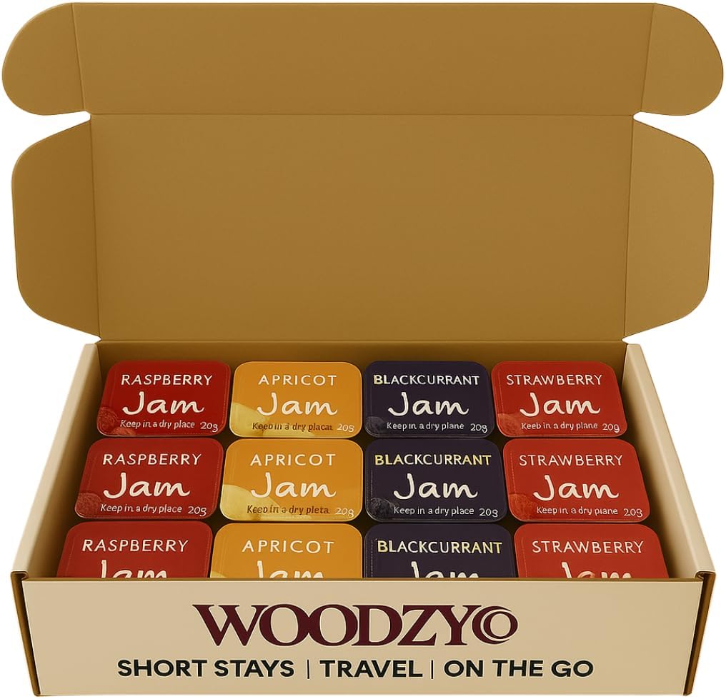 24‑Pack Jam Pots – 6 Raspberry, 6 Apricot, 6 Blackcurrant & 6 Strawberry | Individually Sealed Portion Jams in Recyclable Box – Perfect for Travel Hosts, Holiday Stays & Breakfast Buffets