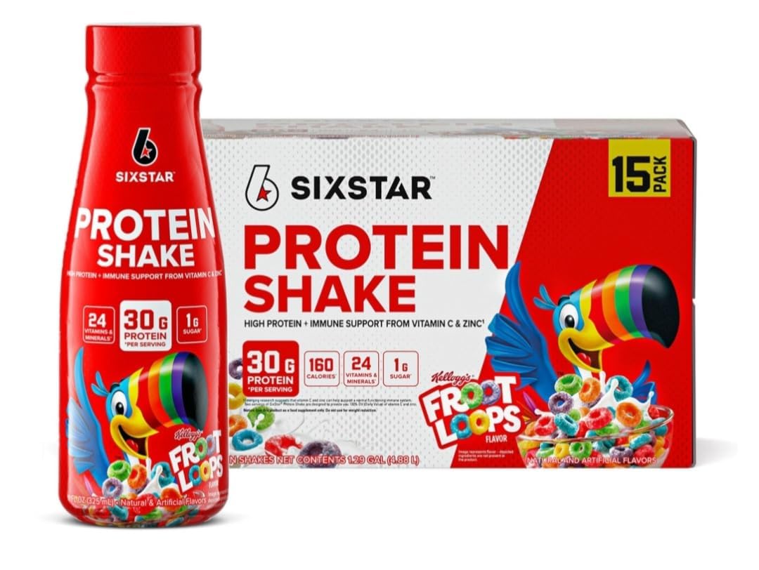 Six Star Kellogges 30g Loops Protein Shake, (Pack of 15) | 160 Calories, 24 Vitamins and Minerals 1g Sugar |Muscle Building & Recovery Plus Immune Support | Muscle Builder for Men & Women | 11 Fl oz Bottle , 15 pk