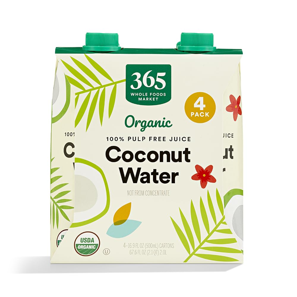 365 by Whole Foods Market, Organic Coconut Water, 100% Pulp-Free Juice, 16.9 Fl Oz per Carton, Pack of 4