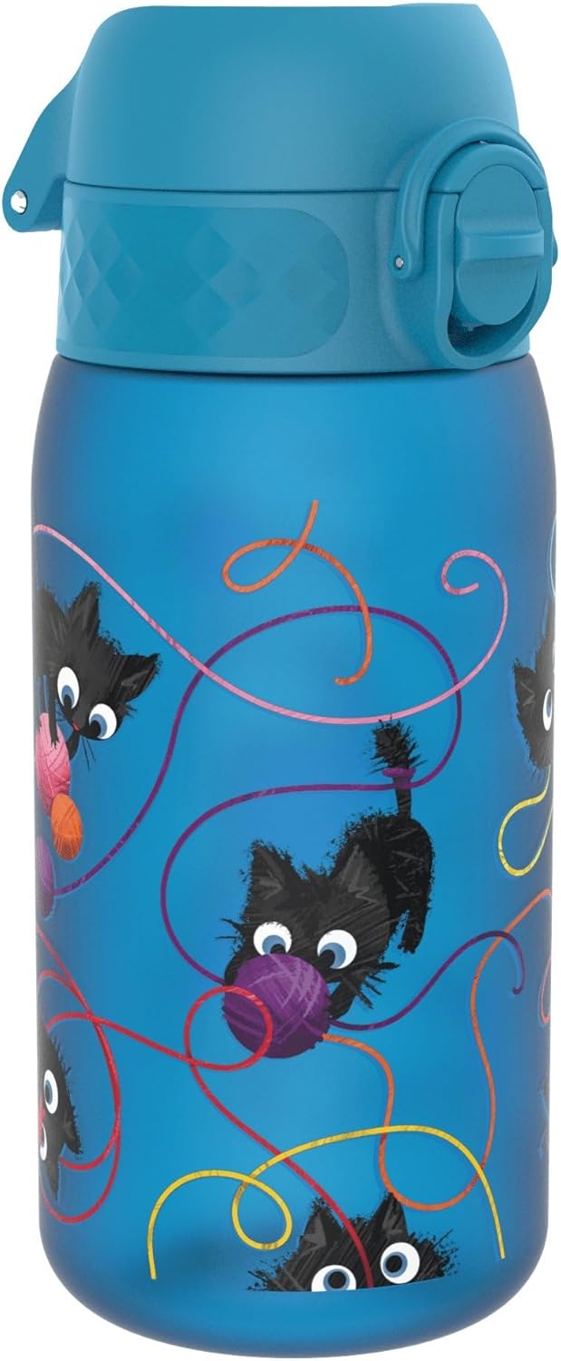 Ion8 Kids Water Bottle, 350 ml/12 oz, Leak Proof, Easy to Open, Secure Lock, Dishwasher Safe, BPA Free, Carry Handle, Hygienic Flip Cover, Easy Clean, Odour Free, Carbon Neutral, Blue, Kittens, Cats