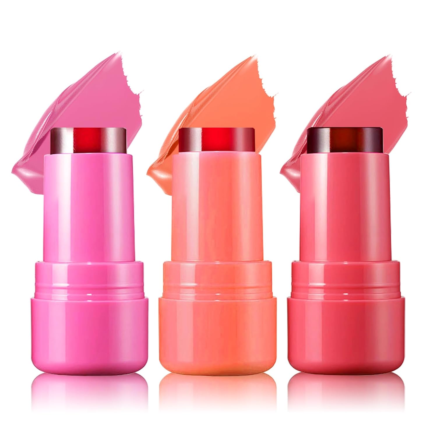 CAHIUYOA 3PCS Milk Jelly Blush Stick Milk Jelly Tint Cooling Water Jelly Tint Blush Stick Multi-Use Lip Stain Tint and Cheek Stick - Pink + Red + Coral