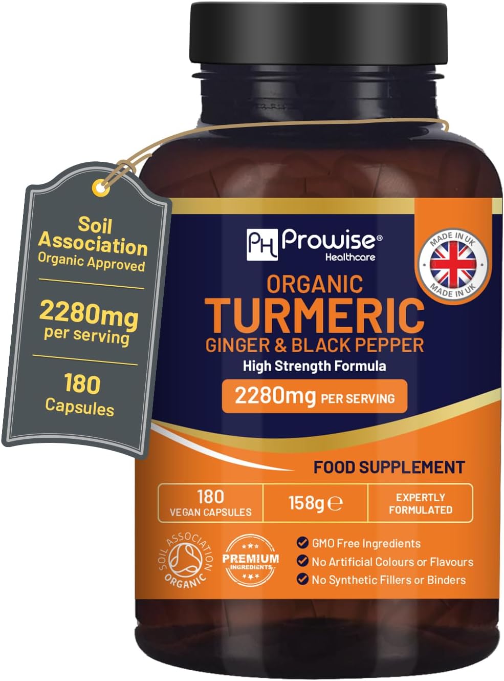 Organic Turmeric 2280mg (High Strength) with Black Pepper & Ginger - 180 Vegan Turmeric Capsules with Active Ingredient Curcumin I Soil Association Approved I UK Made by Prowise Healthcare
