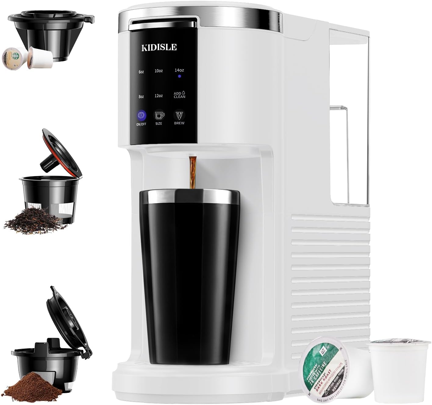 3-in-1 coffee maker for K cup pods and ground coffee and teas, brew sizes 6-14 oz, 40 oz removable water reservoir, self-cleaning function, white