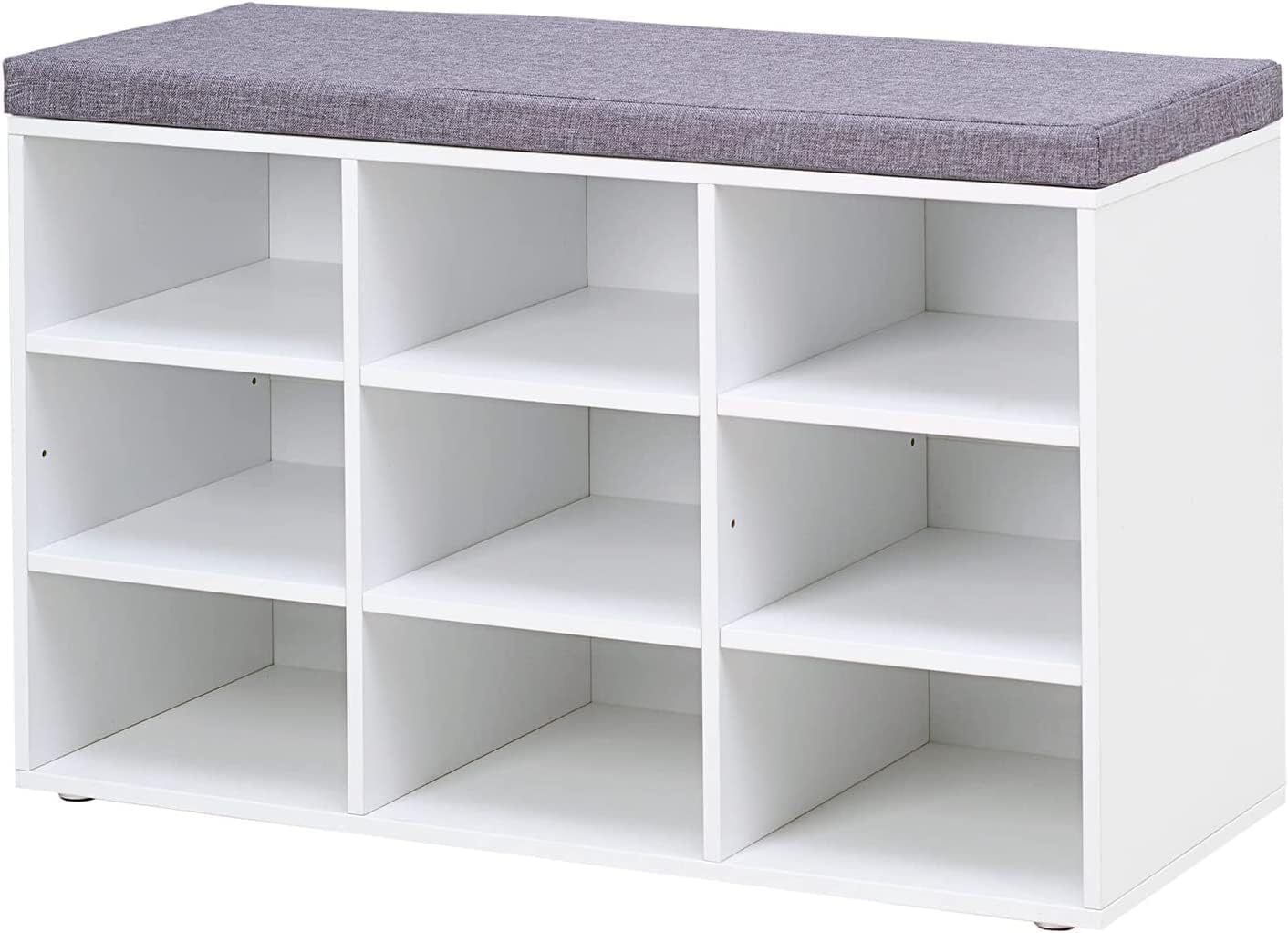 VASAGLE Shoe Bench, Storage Bench with Padded Seat, with Cushion, 9 Compartments, Adjustable Shelves, for Living Room, Hallway, 30.3 x 78.5 x 48 cm, Cloud White LHS009W14