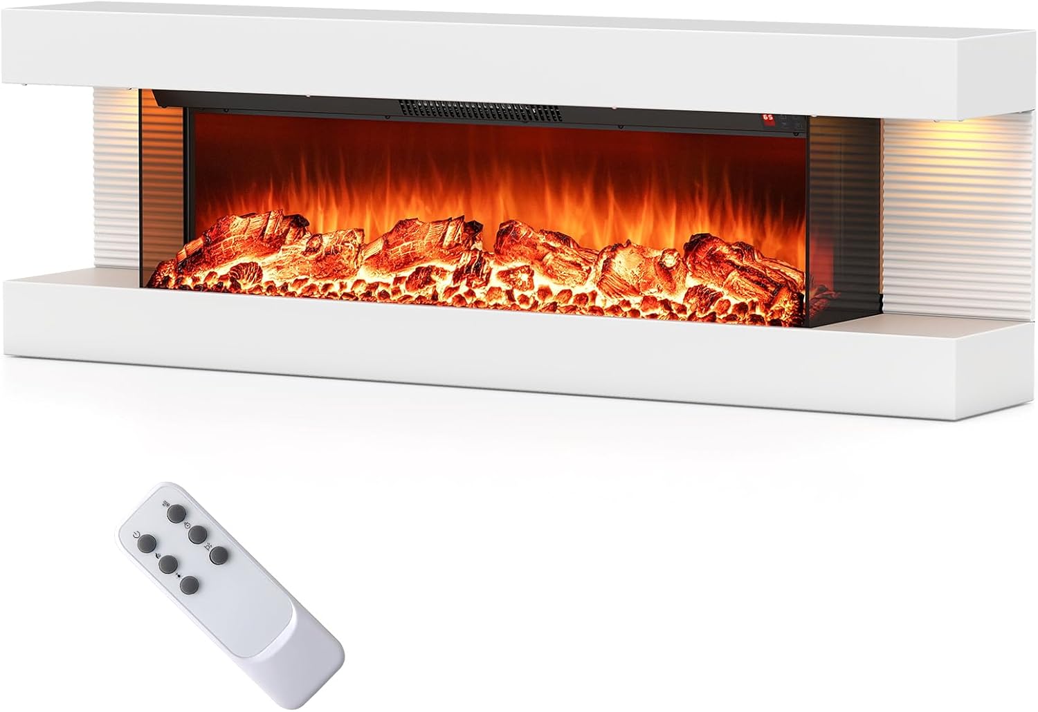 RELAX4LIFE Floating TV Stand with Fireplace - 36’’ Wall Mounted 3-Sided Electric Fireplace Insert Heater with Mantel w/Adjustable Flame, Ambient LED Light, Remote Control, 8H Timer, 750W/1500W (50'')