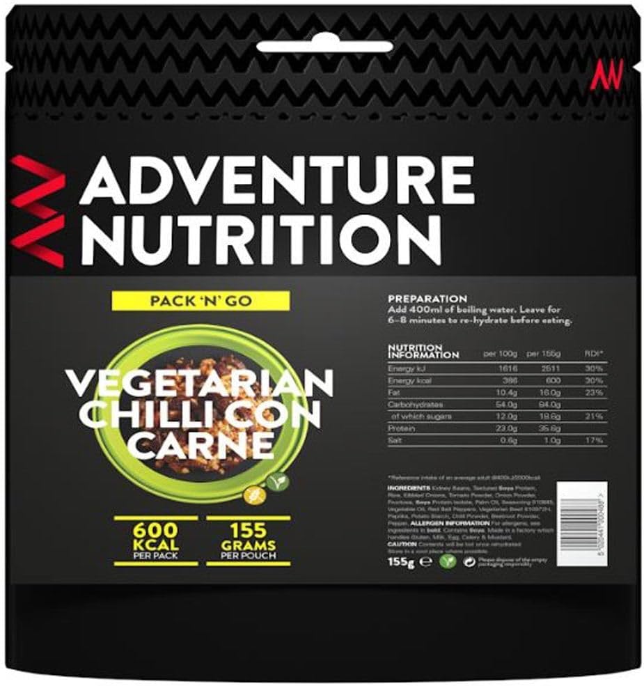 Adventure Nutrition Pack N Go 600Kcal Freeze Dried Food Vegetarian Chilli Con Carne - Camping, Hiking, Ready Meals, Survival Kits, Emergency Food