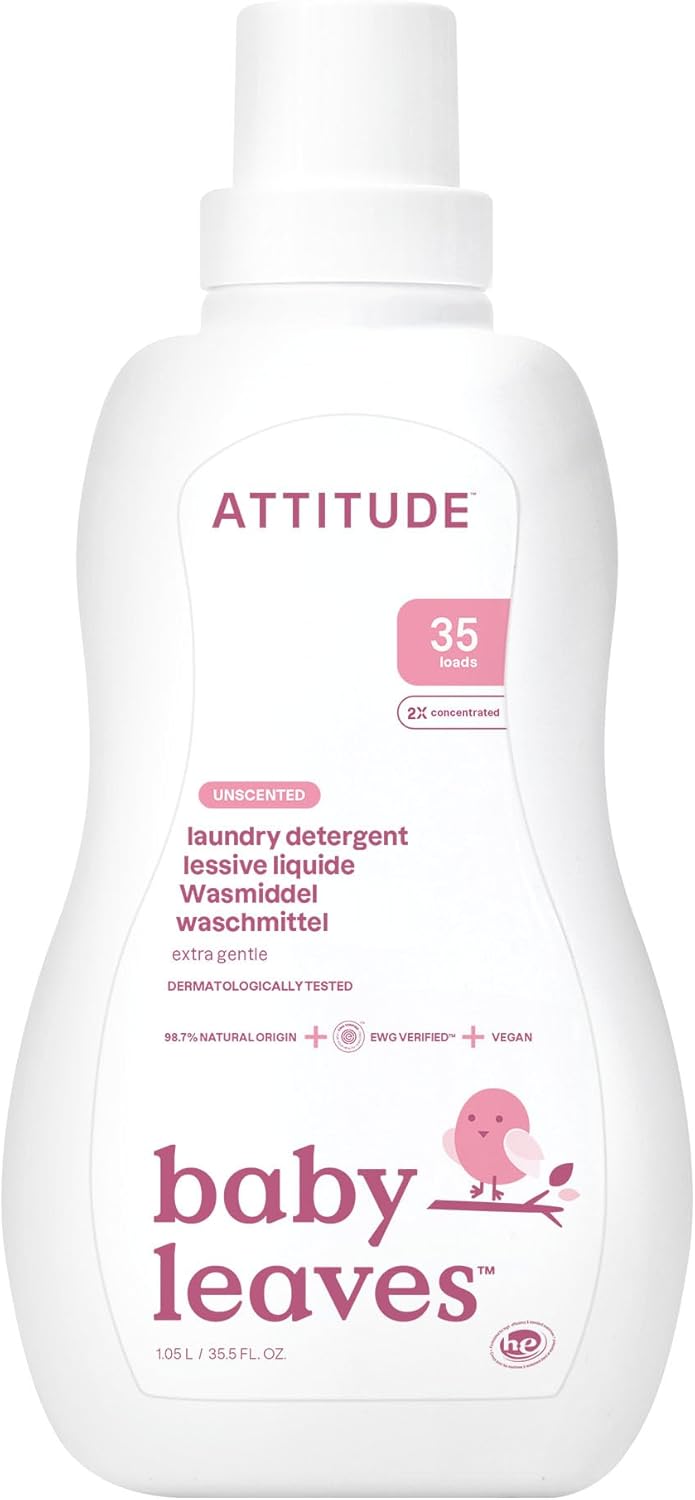 ATTITUDE Baby Laundry Detergent Liquid, EWG Verified, Safe for Baby Clothes, Infant and Newborn, Vegan and Naturally Derived Washing Soap, HE Compatible, Unscented, 35 Loads, 1.05 Litres