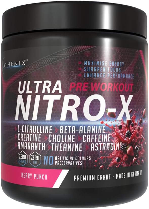 ATHENIX® Ultra Nitro-X Pre-Workout | Berry Punch | 5000 mg L-Citrulline + 2500 mg Beta-Alanine + Creatine, Caffeine, AstraGin® | Explosive Energy, Focus & Pumps | 28 Servings | Made in Germany