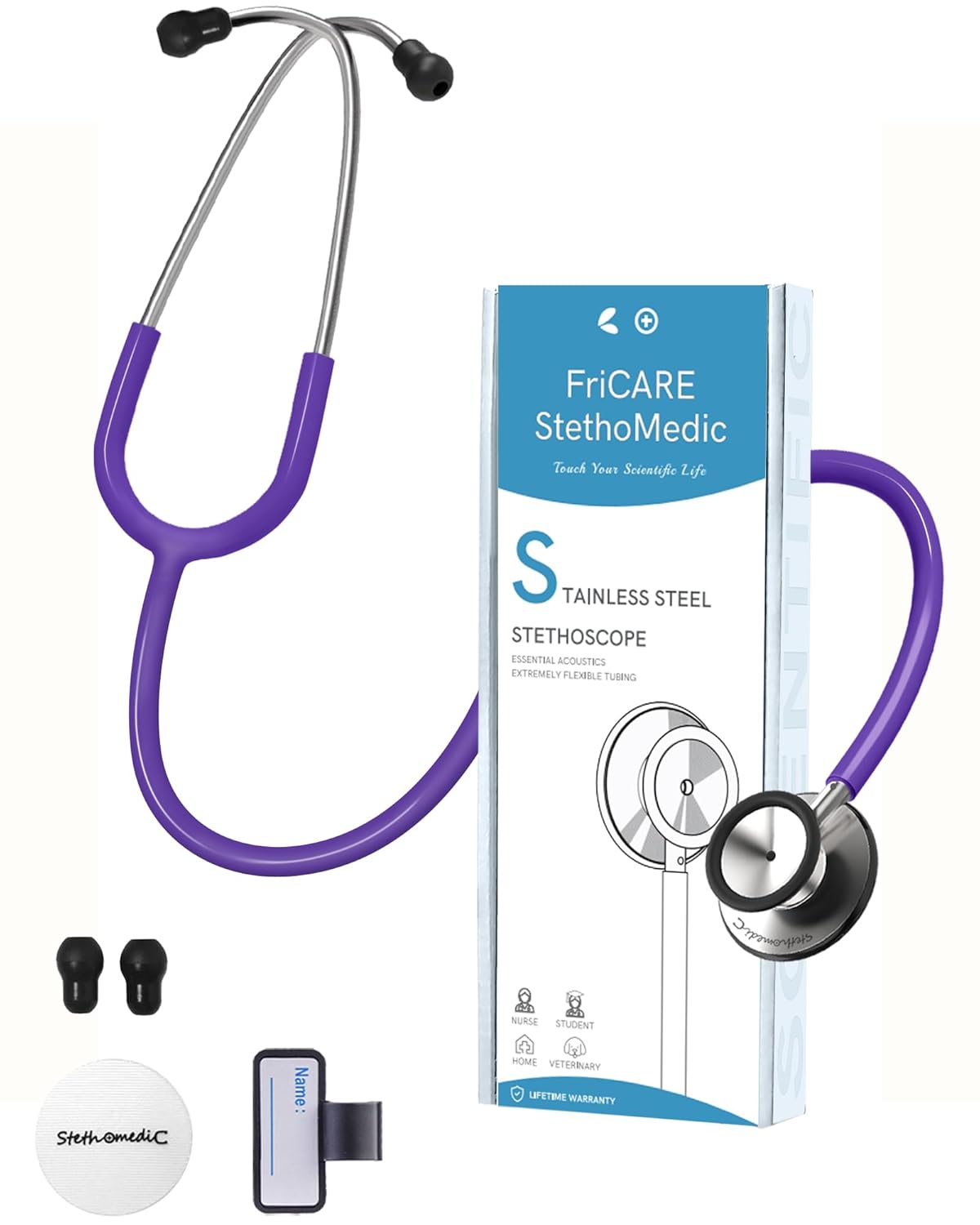 FriCARE Dual Head Stethoscope - Stethoscopes for Nurses, Medical Nursing Students, Paramedics/EMT/LVN/VNA Backup Estetoscopio, Dark Purple Tube, Stainless Steel Chestpiece